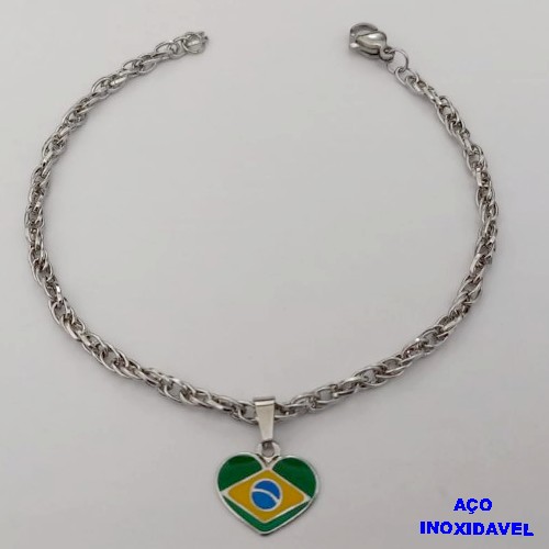 PULSEIRA EM AÇO INOXIDAVEL COM PINGENTE BANDEIRA DO " BRASIL " RESINADA EM FORMA DE CORAÇÃO DE 13MM( TAMANHO 18CM) AÇO3023