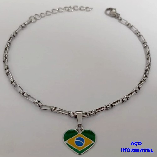 PULSEIRA EM AÇO INOXIDAVEL COM PINGENTE BANDEIRA DO " BRASIL " RESINADA EM FORMA DE CORAÇÃO DE 13MM( TAMANHO 23CM) AÇO3026