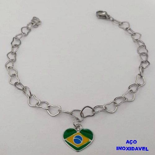 PULSEIRA EM AÇO INOXIDAVEL COM PINGENTE BANDEIRA DO " BRASIL " RESINADA EM FORMA DE CORAÇÃO DE 13MM( TAMANHO 18CM) AÇO3027