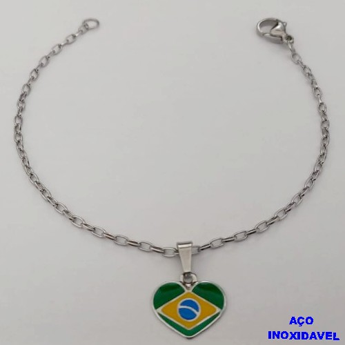 PULSEIRA EM AÇO INOXIDAVEL COM PINGENTE BANDEIRA DO " BRASIL " RESINADA EM FORMA DE CORAÇÃO DE 13MM( TAMANHO 23CM) AÇO3030