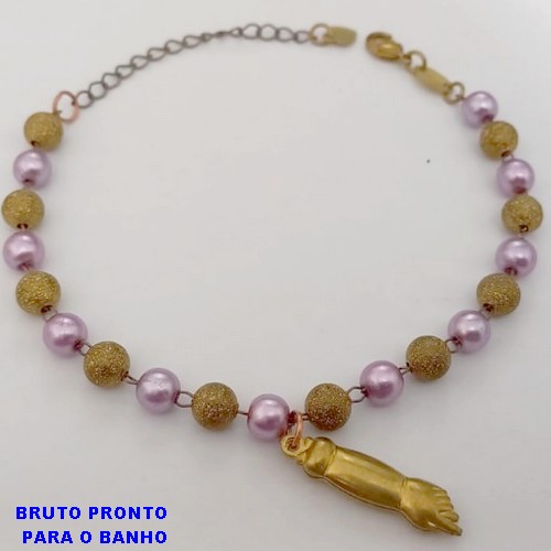 PULSEIRA NO BRUTO PRONTO PARA O BANHO(CX169)COM CONTAS EM PEROLAS E LATÃO DIAMANTADA DE 4MM / PESO 4.8GR / TAMANHO 18CM+EXTENSOR - BRU25038