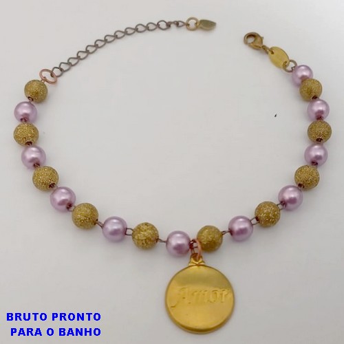 PULSEIRA NO BRUTO PRONTO PARA O BANHO(CX169)COM CONTAS EM PEROLAS E LATÃO DIAMANTADA DE 4MM / PESO 5.1GR / TAMANHO 18CM+EXTENSOR - BRU25039