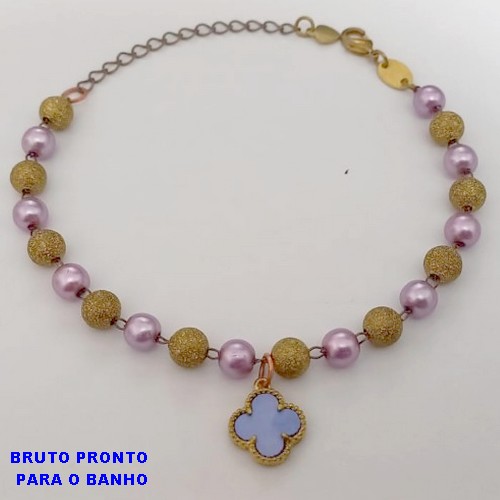 PULSEIRA NO BRUTO PRONTO PARA O BANHO(CX169)COM CONTAS EM PEROLAS E LATÃO DIAMANTADA DE 4MM / PESO 4.4GR / TAMANHO 18CM+EXTENSOR - BRU25041