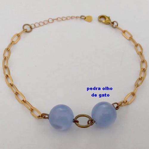 PULSEIRA NO BRUTO PRONTO PARA O BANHO(CX169)COM PEDRA OLHO DE GATO AZUL DE 12MM / PESO 5.8GR / TAMANHO 18CM+EXTENSOR - BRU25044
