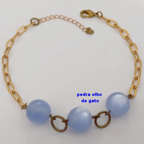 PULSEIRA NO BRUTO PRONTO PARA O BANHO(CX169)COM PEDRA OLHO DE GATO AZUL DE 12MM / PESO 6.5GR / TAMANHO 18CM+EXTENSOR - BRU25045
