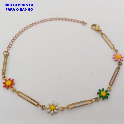 PULSEIRA NO BRUTO PRONTO PARA O BANHO(CX170)PULSEIRA TODA TRABALHADA COM MARGARIDAS RESINADAS (TAMANHO 18CM )COM FECHO LAGOSTA - PESO 2,1GR - BRU25088