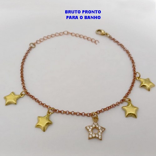 PULSEIRA NO BRUTO PRONTO PARA O BANHO(CX170)PULSEIRA TODA TRABALHADA COM UMA ESTRELA CRAVEJADA (TAMANHO 18CM )COM FECHO LAGOSTA - PESO 2,8GR - BRU25089