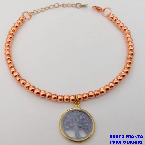 PULSEIRA NO BRUTO PRONTO PARA O BANHO(CX170) COM CORRENTE DE BOLINHAS E PINGENTE ARVORE DA VIDA EM RESINA/LATÃO )PULSEIRA 18CM+EXTENSOR - PINGENTE 1,5MM - PESO 2,7GR - BRU25143