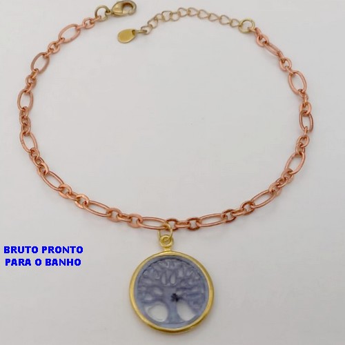 PULSEIRA NO BRUTO PRONTO PARA O BANHO(CX170) COM CORRENTE TREIS POR UM E PINGENTE ARVORE DA VIDA EM RESINA/LATÃO )PULSEIRA 18CM+EXTENSOR - PINGENTE 1,5MM - PESO 3.1GR - BRU25145
