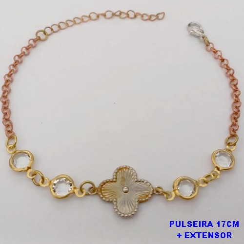 PULSEIRA NO BRUTO PRONTO PARA O BANHO(CX171)-PULSEIRA CORRENTE ELLO PORTUGUES COM TREVO E PEDRAS DE VIDRO / TAMANHO 17CM+EXTENSOR(PESO 2.8GR ) BRU25151