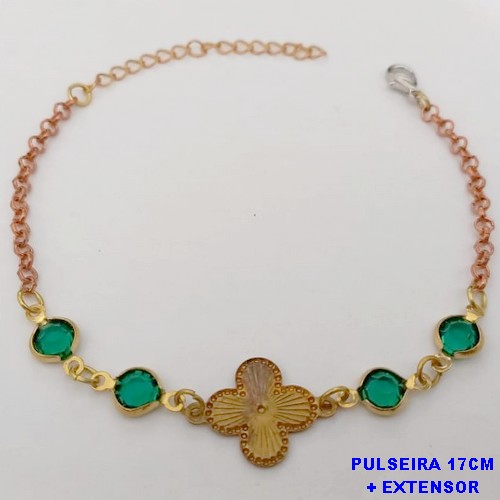 PULSEIRA NO BRUTO PRONTO PARA O BANHO(CX171)-PULSEIRA CORRENTE ELLO PORTUGUES COM TREVO E PEDRAS DE VIDRO / TAMANHO 17CM+EXTENSOR(PESO 2.8GR ) BRU25152