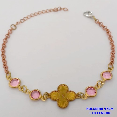 PULSEIRA NO BRUTO PRONTO PARA O BANHO(CX171)-PULSEIRA CORRENTE ELLO PORTUGUES COM TREVO E PEDRAS DE VIDRO / TAMANHO 17CM+EXTENSOR(PESO 2.8GR ) BRU25153