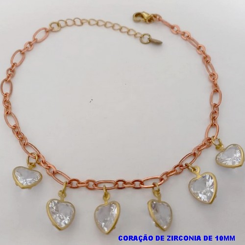 PULSEIRA NO BRUTO PRONTO PARA O BANHO(CX171)-PULSEIRA COM SEIS PEDRA DE ZIRCONIA EM FORMA DE CORAÇÃO 10MM/ TAMANHO 18CM+EXTENSOR(PESO 5.8GR ) BRU25155