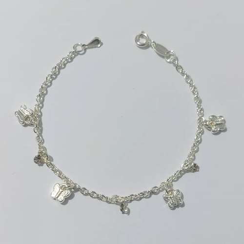 PULSEIRA FOLHEADA A PRATA COM 50 MILÉSIMOS + VERNIZ DIAMOND - PULSEIRA 17CM COM STRASS E BORBOLETAS - PRA888