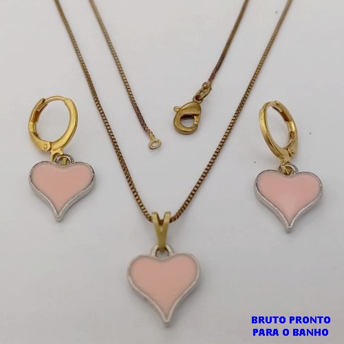 CONJUNTO NO BRUTO PRONTO PARA O BANHO(173)-COM CORRENTE VENEZIANA DE 45CM E PINGENTE DE CORAÇÃO ESMALTADO DE 12MM -( PESO 4.8GR - BRU25239