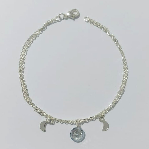 PULSEIRA FOLHEADA A PRATA COM 50 MILÉSIMOS + VERNIZ DIAMOND - PULSEIRA DUPLA 18CM COM LUAS E ZIRCÔNIA - PRA889