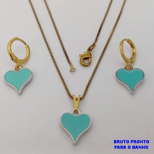 CONJUNTO NO BRUTO PRONTO PARA O BANHO(173)-COM CORRENTE VENEZIANA DE 45CM E PINGENTE DE CORAÇÃO ESMALTADO DE 12MM -( PESO 4.8GR - BRU25240