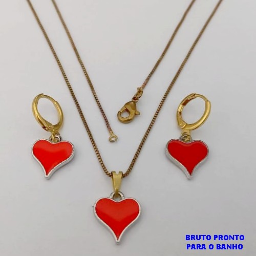 CONJUNTO NO BRUTO PRONTO PARA O BANHO(173)-COM CORRENTE VENEZIANA DE 45CM E PINGENTE DE CORAÇÃO ESMALTADO DE 12MM -( PESO 4.8GR - BRU25243