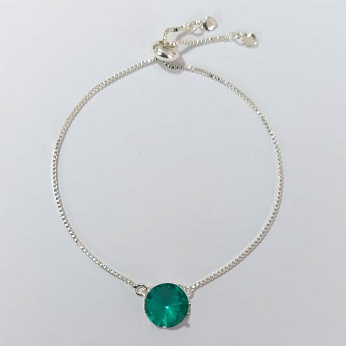 PULSEIRA FOLHEADA A PRATA COM 50 MILÉSIMOS + VERNIZ DIAMOND - PULSEIRA AJUSTÁVEL COM ZIRCÔNIA REDONDA VERDE 10MM - PRA912