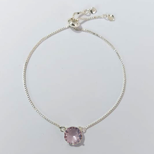 PULSEIRA FOLHEADA A PRATA COM 50 MILÉSIMOS + VERNIZ DIAMOND - PULSEIRA AJUSTÁVEL COM ZIRCÔNIA REDONDA ROSA 10MM - PRA914