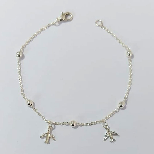 PULSEIRA FOLHEADA A PRATA COM 50 MILÉSIMOS + VERNIZ DIAMOND - PULSEIRA 18CM COM ESFERAS E AVIÕES - PRA915