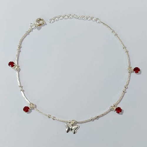 PULSEIRA FOLHEADA A PRATA COM 50 MILÉSIMOS + VERNIZ DIAMOND - PULSEIRA 20CM + EXTENSOR COM BORBOLETA E CRISTAIS VERMELHOS - PRA923