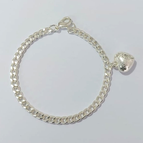 PULSEIRA FOLHEADA A PRATA COM 50 MILÉSIMOS + VERNIZ DIAMOND - PULSEIRA 20CM COM CORAÇÃO DUPLO - PRA928