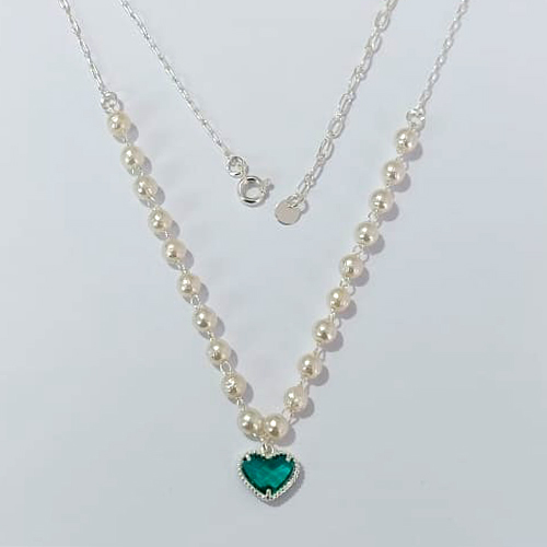 SHOCKER FOLHEADA A PRATA COM 50 MILÉSIMOS + VERNIZ DIAMOND - SHOCKER 40CM + EXTENSOR COM PÉROLAS E CORAÇÃO VIDRO VERDE - PRA932