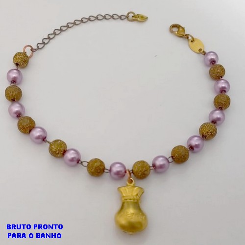 PULSEIRA NO BRUTO PRONTO PARA O BANHO(CX175) PULSEIRA NO BRUTO SIMPLES E DELICA PINGENTE SACO DA FELICIDADE PEROLAS BOLAS DE 6MM DIAMANTADA DE 6MM / / PESO TOTAL 4.9GR / BRU25335