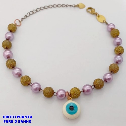 PULSEIRA NO BRUTO PRONTO PARA O BANHO(CX175) PULSEIRA NO BRUTO SIMPLES E DELICADA PINGENTE OLHO GREGO DA PEROLAS / BOLAS DE 6MM DIAMANTADA DE 6MM / / PESO TOTAL 4.9GR / BRU25337