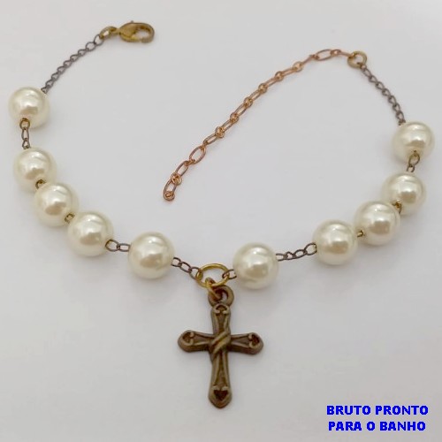 PULSEIRA NO BRUTO PRONTO PARA O BANHO(CX175) PULSEIRA NO BRUTO SIMPLES E DELICADA COM PEROLAS DE 8NN E CRUZ / PESO TOTAL 4,7GR / BRU25339