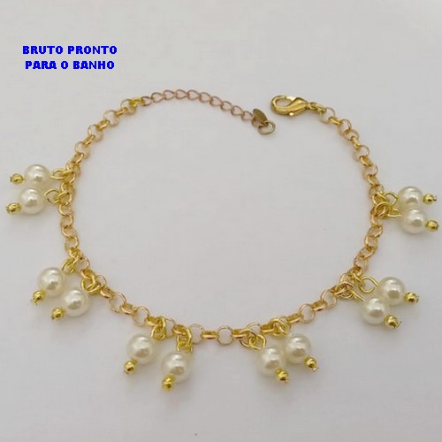 PULSEIRA NO BRUTO PRONTO PARA O BANHO(CX176) PULSEIRA COM CORRENTE ELLO PORTUGUES com doze perolas de 4mm / TAMANHO 18CM+EXTENSOR / PESO TOTAL 6.3GR / BRU25362