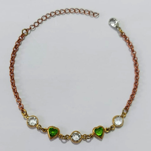 PULSEIRA NO BRUTO PRONTO PARA O BANHO - (CX.57) PULSEIRA COM CORAÇÕES EM PEDRA CRISTAL VERDE E PEDRA CRISTAL BRANCA 16CM / PESO 2,9GR / BRU25508