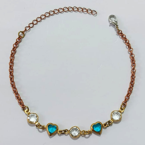 PULSEIRA NO BRUTO PRONTO PARA O BANHO - (CX.57) PULSEIRA COM CORAÇÕES AZUÍS E PEDRA CRISTALL 17CM / PESO 2,1GR / BRU25511