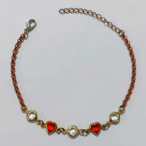 PULSEIRA NO BRUTO PRONTO PARA O BANHO - (CX.57) PULSEIRA COM CORAÇÕES VERMELHOS E PEDRA CRISTAL 17CM / PESO 2,1GR / BRU25512