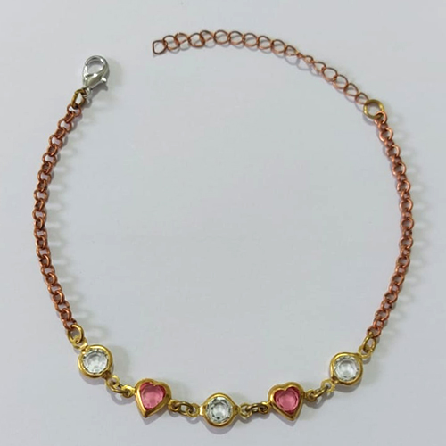 PULSEIRA NO BRUTO PRONTO PARA O BANHO - PULSEIRA COM CORAÇÕES ROSAS E PEDRA CRISTAIS 17CM / PESO 3,0GR / BRU25523
