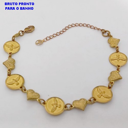 PULSEIRA NO BRUTO PRONTO PARA BANHO (CX177) (100% LATÃO) -PULSEIRA TODA COM CONECTOR DE SAO BENTO E CORAÇÃO - TAMANHO 18CM+EXTENSOR - PESO TOTAL 8.4GR - BRU25433