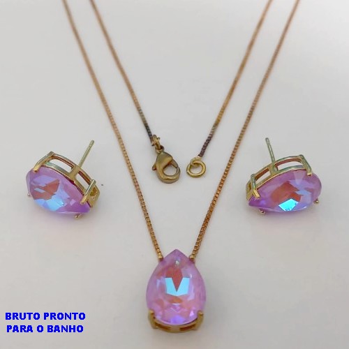 CONJUNTO NO BRUTO PRONTO PARA BANHO (CX177) (100% LATÃO) -CONJUNTO COM CORRENTE VENEZIANA DE 45CM - BASE E BRINCO COM BASE EM ALTA FUSÃO 10X14MM (PEDRA DE ZIRCONIA)- PESO TOTAL 6.6GR - BRU25434