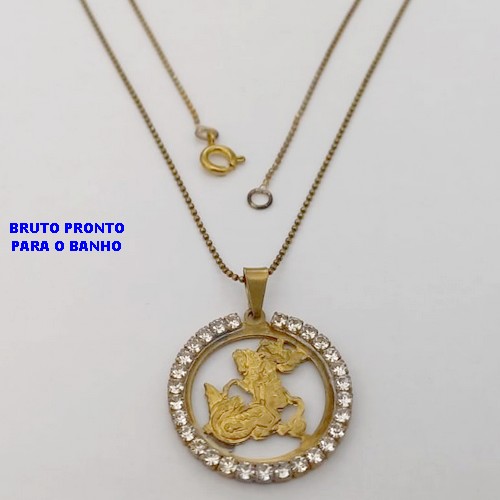 GARGANTILHA NO BRUTO PRONTO PARA BANHO (CX177) (100% LATÃO) -GARGANTILHA COM CORRENTE DE BOLINHAS DE 56CM - PINGENTE DE SAÕ JORGE COM BORDAS CRAVEJADA (PEDRA DE ZIRCONIA)- PESO TOTAL 3.4GR - BRU25435
