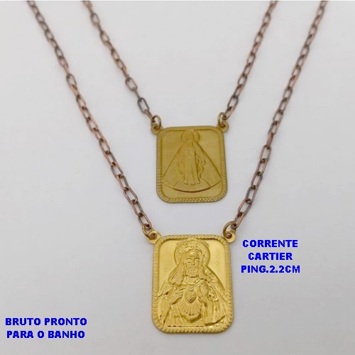 ESCAPULARIO NO BRUTO PRONTO PARA O BANHO(CX178) - COM CORRENTE CARTIER MEDALHA DE JESUS CRISTO E NOSSA SENHORA APARECIDA- TAMANHO: 22MM - PESO TOTAL 7.7GR - BRU25456