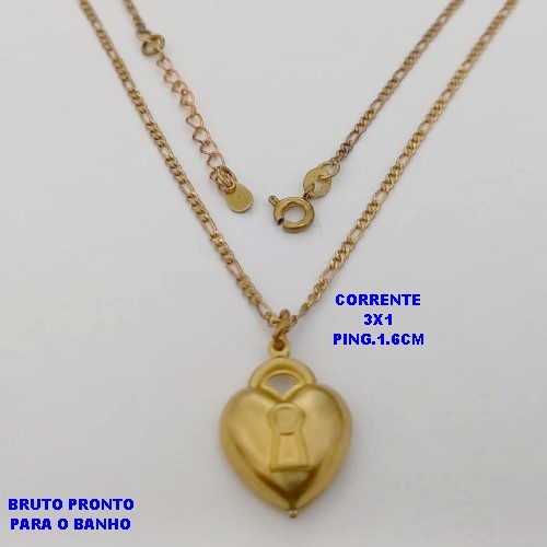 GARGANTILHA NO BRUTO PRONTO PARA O BANHO(CX178) - COM CORRENTE TREIS POR UM COM 45CM+EXTENSOR COM PINGENTE DE CORAÇÃO- PINGENTE TAMANHO: 1.5MM - PESO TOTAL 4.4GR - BRU25457