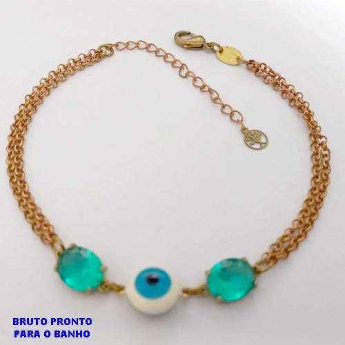 PULSEIRA NO BRUTO PRONTO PARA O BANHO(CX180) PULSEIRA COM CORRENTE ELLO PORTUGUES - DUAS PEDRA DE ZIRCONIA E UM OLHO GREGO - TAMANHO 18CM+EXTENSOR - - PESO 5.8GR - BRU25573