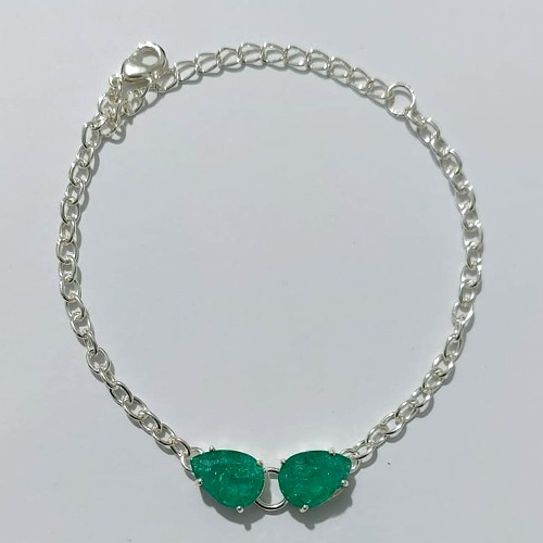 PULSEIRA FOLHEADA A PRATA COM 50 MILÉSIMOS + VERNIZ DIAMOND - PULSEIRA COM ZIRCÔNIAS VERDES - TAMANHO: 19CM + EXTENSOR - PRA1003