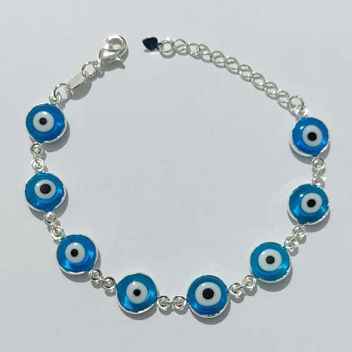 PULSEIRA FOLHEADA A PRATA COM 50 MILÉSIMOS + VERNIZ DIAMOND - PULSEIRA COM OLHOS GREGOS - TAMANHO: 16CM + EXTENSOR - PRA1005