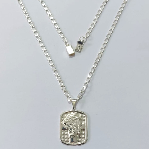 GARGANTILHA FOLHEADA A PRATA COM 50 MILÉSIMOS + VERNIZ DIAMOND - GARGANTILHA COM PINGENTE JESUS 30MM FECHO GAVETA - PRA1040