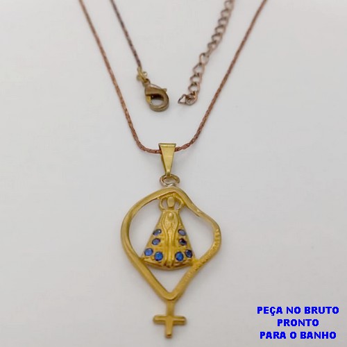 GARGANTILHA NO BRUTO PRONTO PARA O BANHO(CX184) COM CORRENTE L11 IMPORTADA PINGENTE DE NOSSA SENHORA APARECIDA CRAVEJADA 2,7CM / PESO 2,9GR / BRU25726