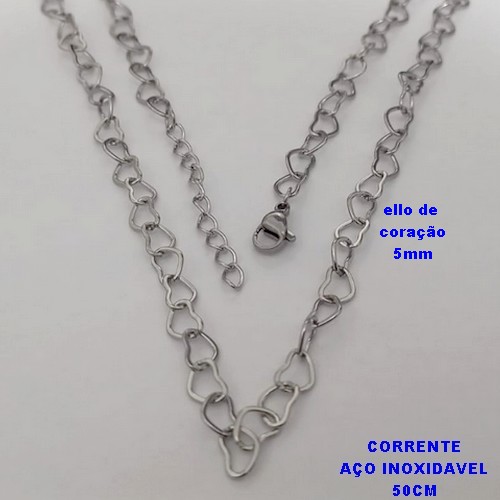 CORRENTE EM AÇO INOXIDAVEL - ELLOS EM CORAÇÃO DE 5MM - TAMANHO 50CM+EXTENSOR - COM FECHO LAGOSTA - AÇO1458