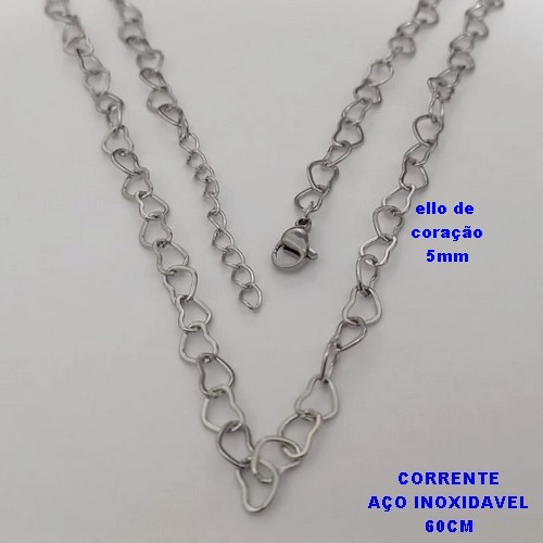 CORRENTE EM AÇO INOXIDAVEL - ELLOS EM CORAÇÃO DE 5MM - TAMANHO 60CM+EXTENSOR - COM FECHO LAGOSTA - AÇO1469