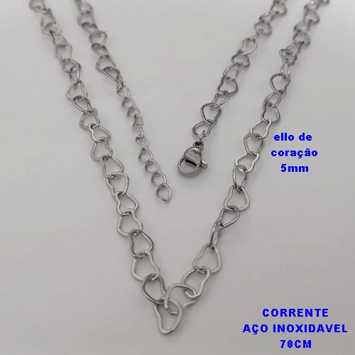 CORRENTE EM AÇO INOXIDAVEL - ELLOS EM CORAÇÃO DE 5MM - TAMANHO 70CM+EXTENSOR - COM FECHO LAGOSTA - AÇO15591