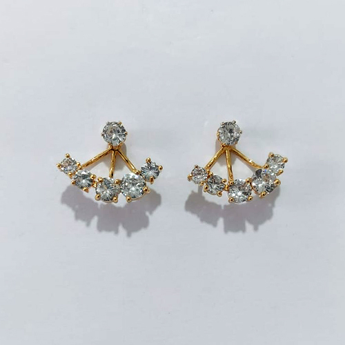 BRINCO FOLHEADO A OURO - BANHADO COM 5 MILÉSIMOS + VERNIZ DIAMOND - BRINCO DE PINO LEQUE EM ZIRCÔNIA 21MM - OURO1407